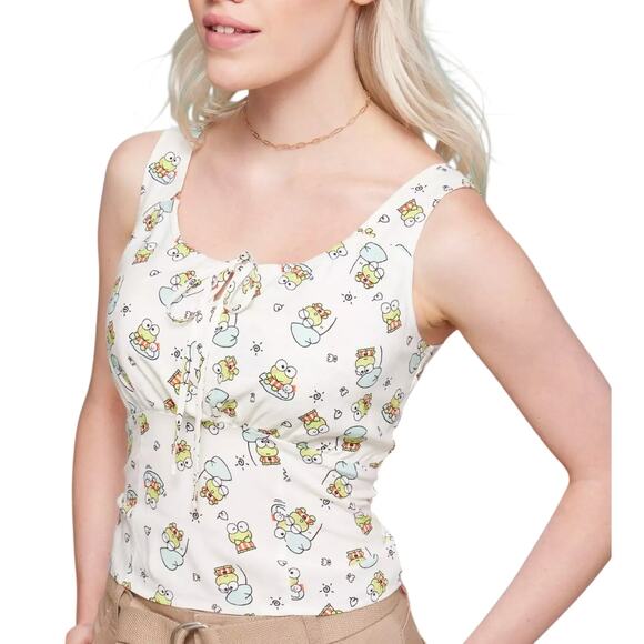 Sanrio Keroppi Women's XL Ruched Tank Top Tie Front Donut Pond - Picture 3 of 15